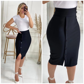 Saia lápis em tecido suplex com botões e fenda moda evangélica disponivel Plus Size em Oferta na Shopee