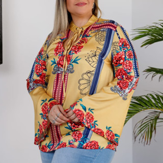 Camisa feminina crepe seda plus size manga flare 18014026
