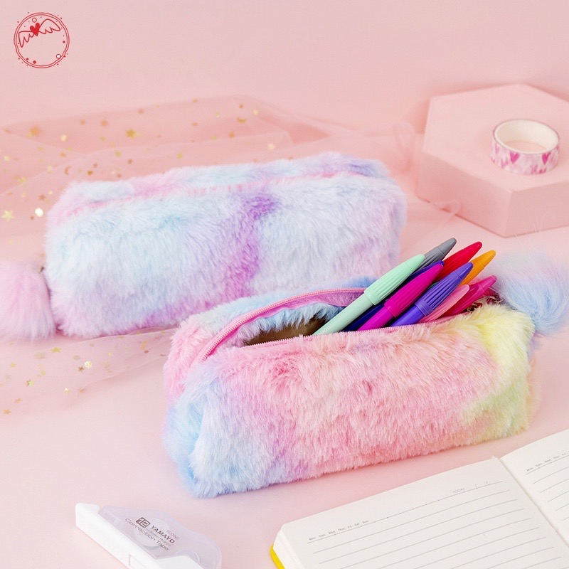 Estojo Lápis Com Pelo De Pelúcia Fofa Cor Degradê Criativa Para Escola/Trabalho em Oferta na Shopee