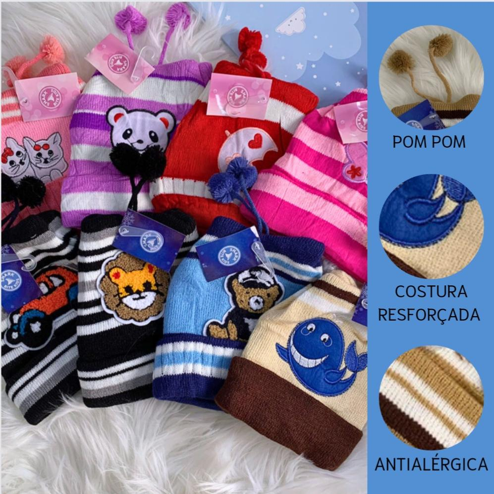 Touca gorro infantil e bebê de lã inverno pom pom bichinhos antialérgica menino e menina