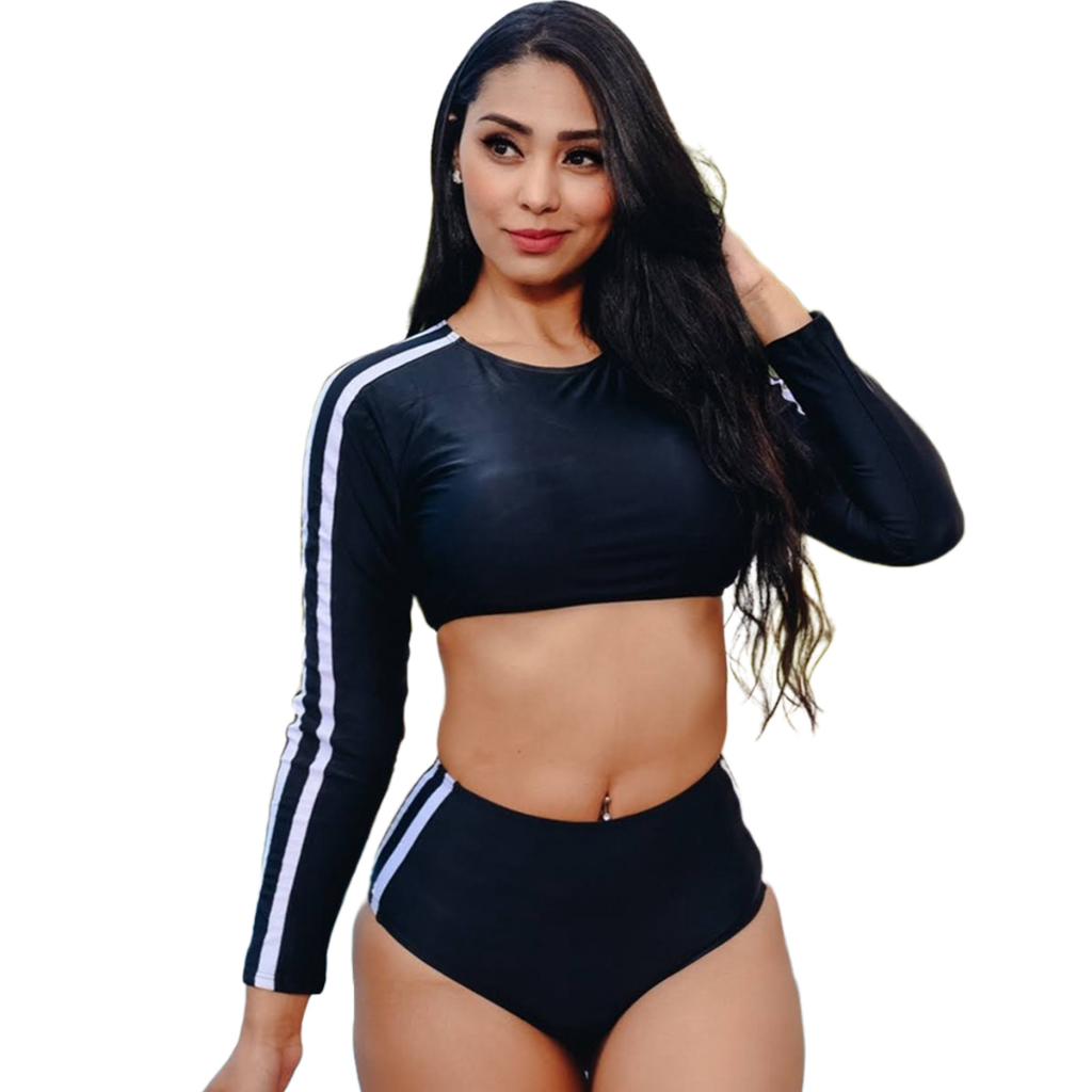 Biquíni Feminino Manga Longa Proteção UV Top Cropped Bojo Removível Cintura Alta Praia Piscina Surf
