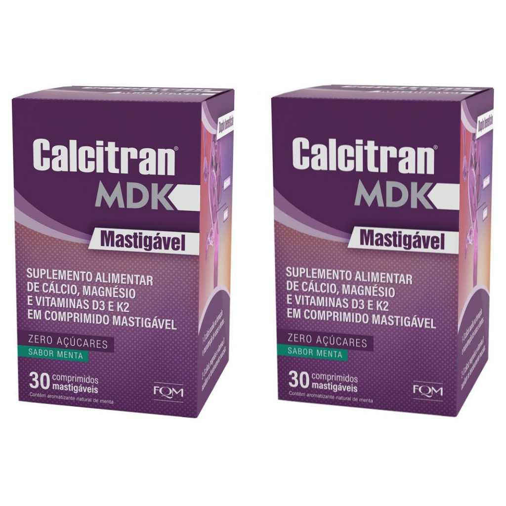 Kit 2 Calcitran MDK Mastigável sabor Menta Cálcio + D3 e K2