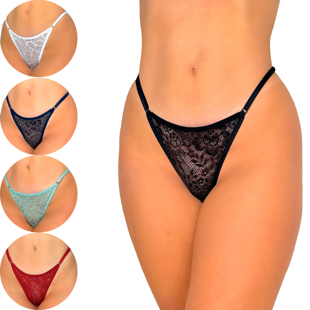 Kit 05 Calcinhas de Renda String Com Regulagem Fio Dental Sexy Tanga Lingerie