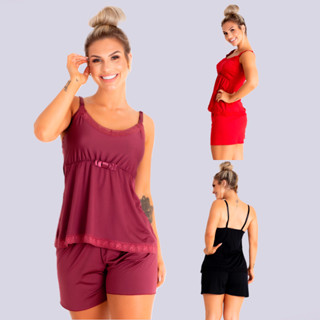 Baby Doll Amamentação Detalhe Renda Alça Reforçada Laço Central Com Shortinho