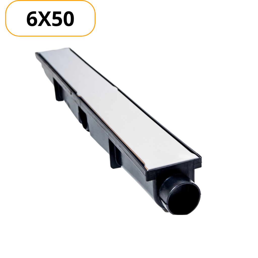Ralo Linear Seca Piso Box Piscina Banheiro Jardim Corredor Garagem Quintal 6x50 Cm Cor Preto Grelha Inox Liso Oculto Sifonado Anti-odor