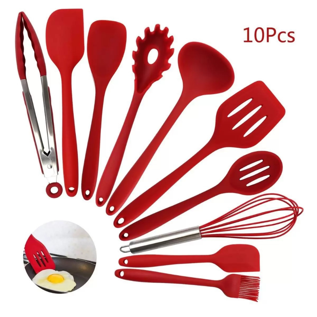 Jogo 10 Utensílios Cozinha Silicone Vermelho Colher Pegador Concha Espumadeira
