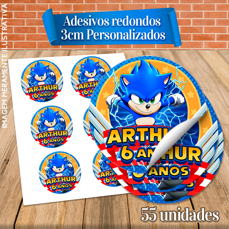 55 Adesivos Redondo 3cm  Personalizados Sonic - Raios de Sol  - Mickey e Vários Temas  (LEIA A DESCRIÇÃO)