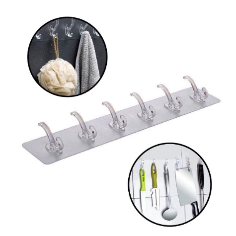 Gancho De Parede Com 6 Suportes Transparente Adesivo Faixa