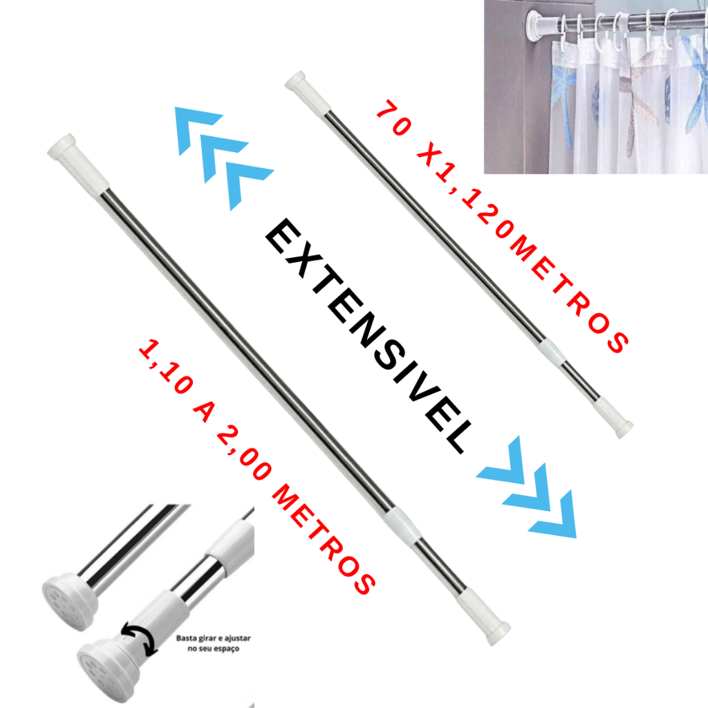 Porta Cortina Box Varão Bastão Banheiro de Extensível Universal Ajustável