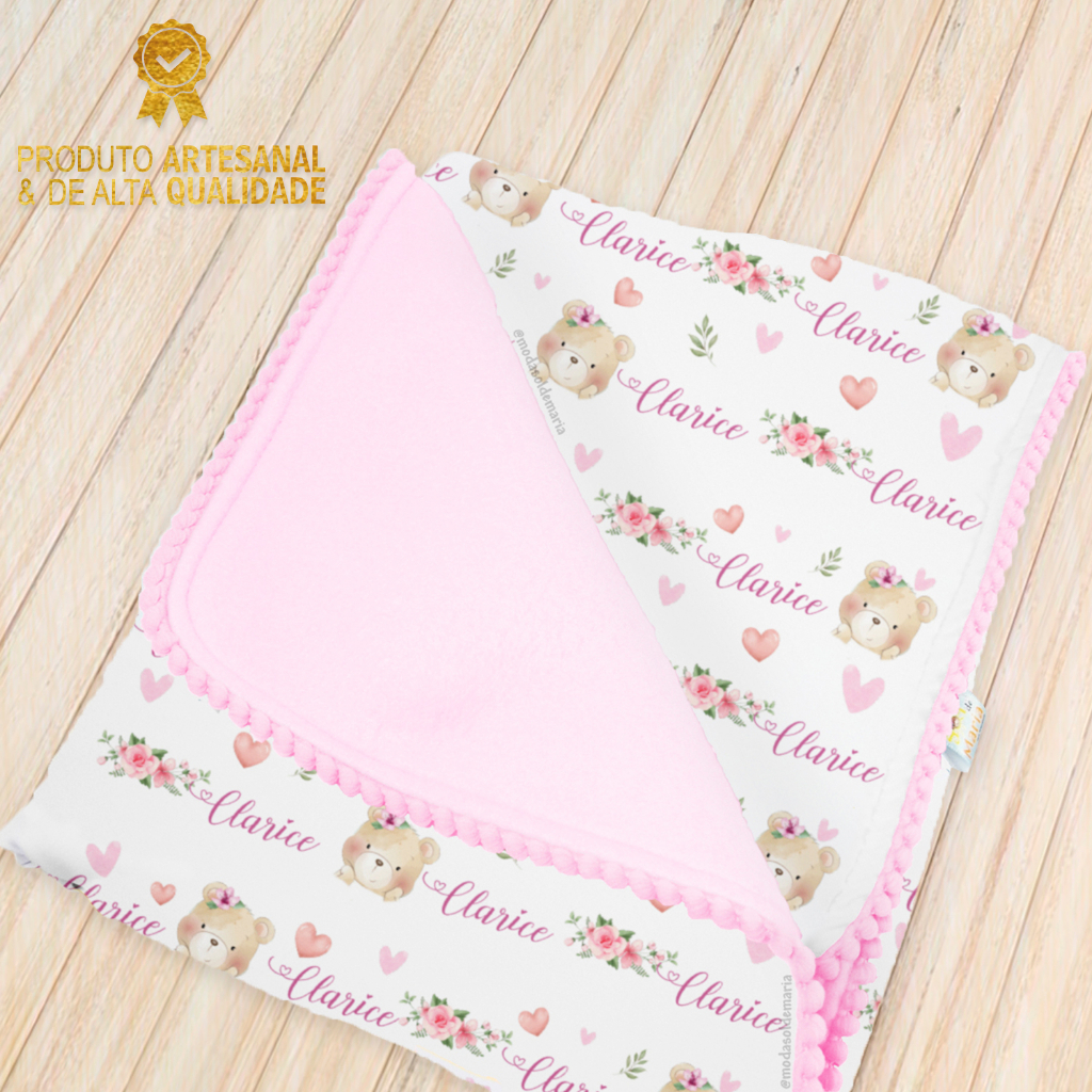 Manta personalizada bebê com nome e saquinho exclusivo