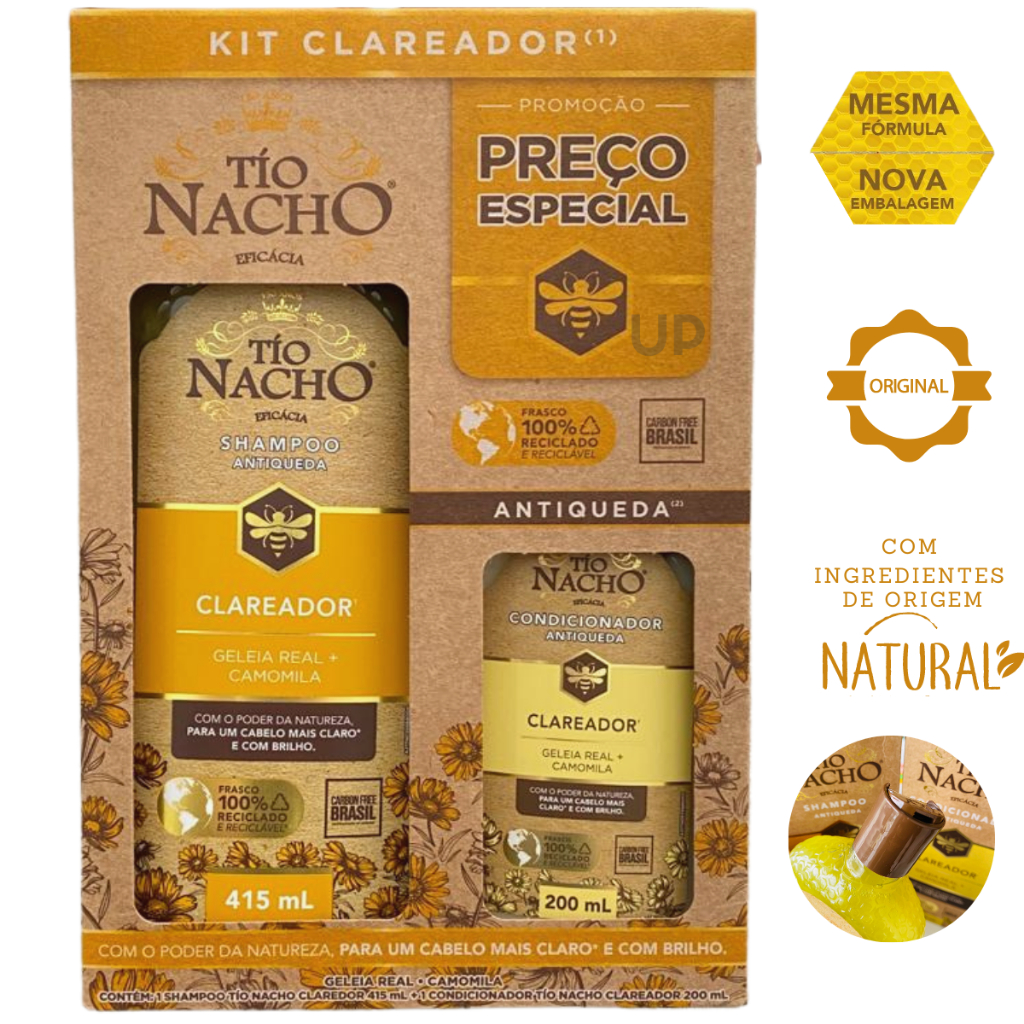 Kit Tio Nacho Clareador Cabelos Claros iluminados Antiqueda Shampoo 415ml + Condicionador 200ml