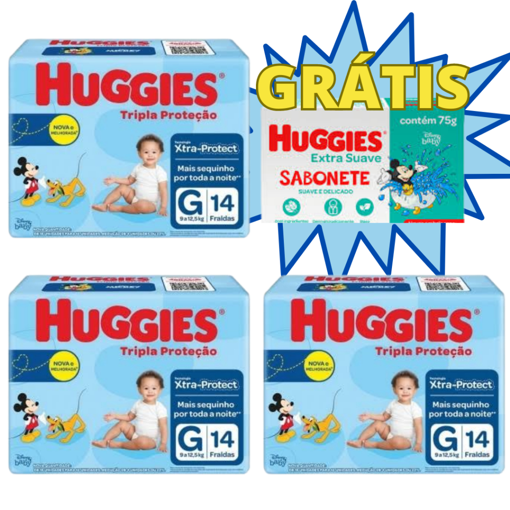 Kit c/3 Pacotes Fraldas Huggies Tripla Proteção Jumbinho Kit Fralda Huggies Jumbinho Kit Fraldas Descartável Huggies Tripla Proteção Tamanhos