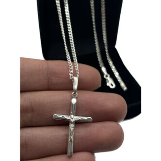 Corrente Cordão Grumet com Pingente de cruz Cristo Masculina em prata 925 Escama de Peixe