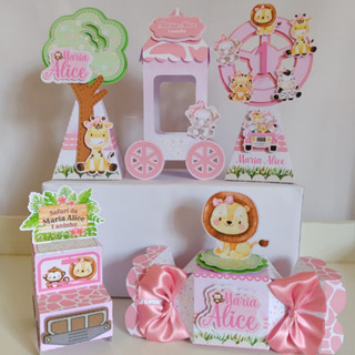 Kit Festa Safari Menina Aquarela Baby - Lembrancinha Caixa Jipe (Carrinho) Milk Pirâmide Bala Roda Gigante Carrinho Pipoca/Pão de Queijo Decoração Aniversário Infantil Caixinha Menina