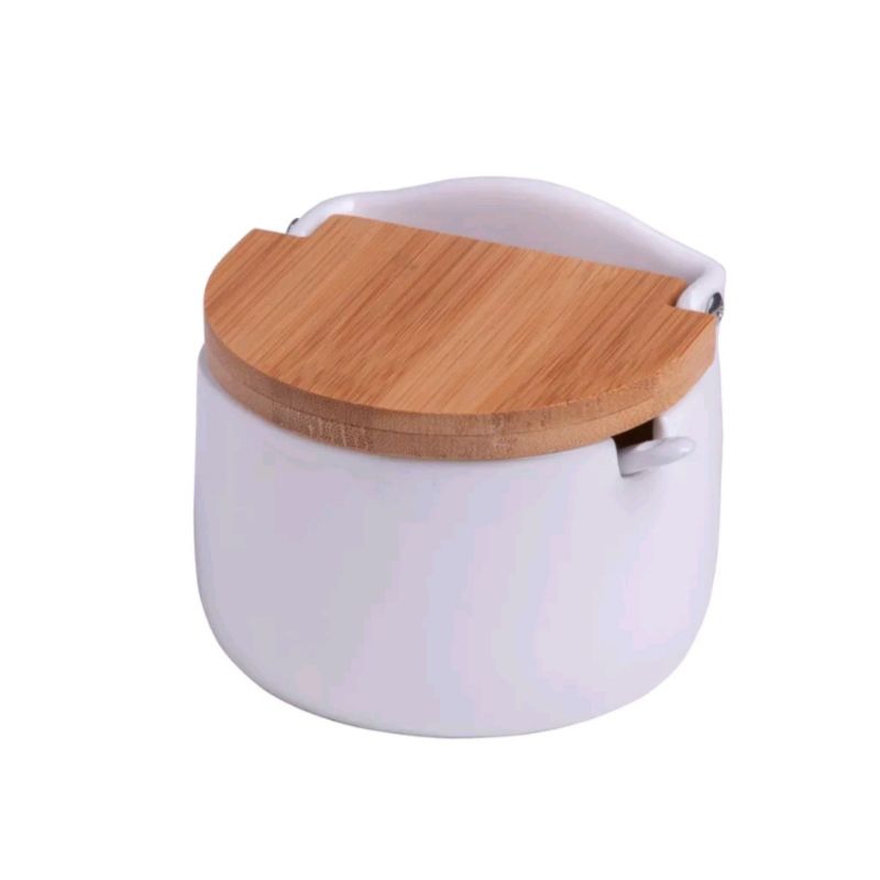 Saleiro Açucareiro de Porcelana Branco com colher e Tampa de Madeira - Lyor