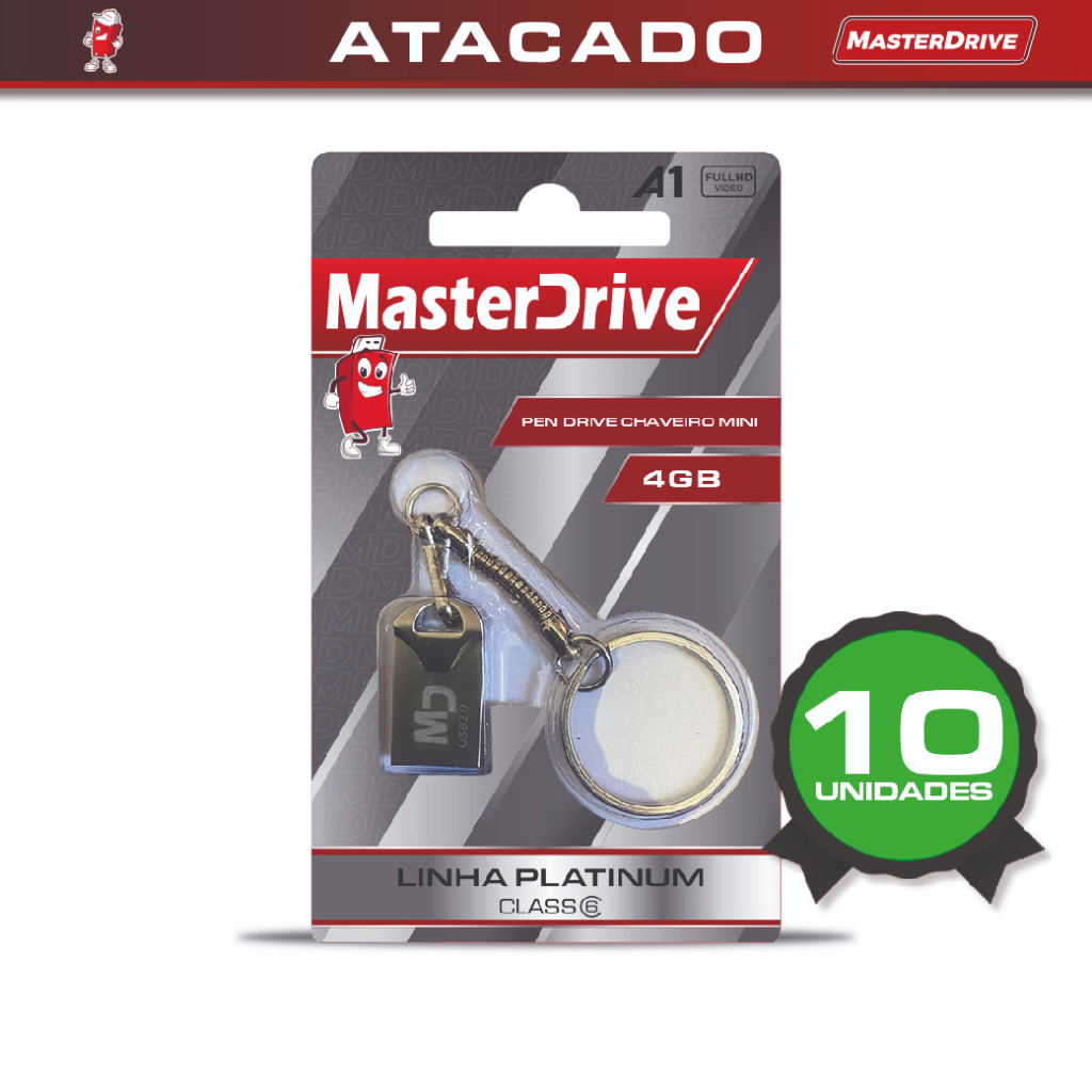 Kit 10 Mini Pendrive 4GB Tipo Chaveiro Linha Platinum MasterDrive Original