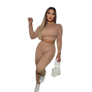 Conjunto canelado cropede manga longa e calça