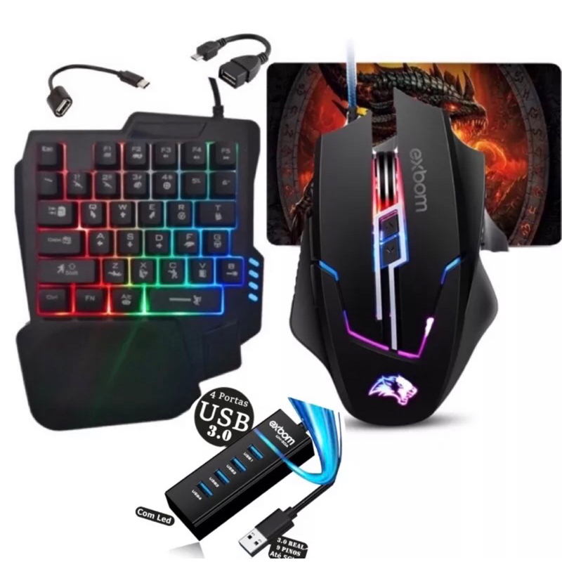 Kit Mobilador Gamer Completo Teclado One Hand E Mouse + Kit Celular + Mouse Pad