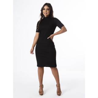 Vestido Canelado Feminino Midi Gola Alta Malha Canelada