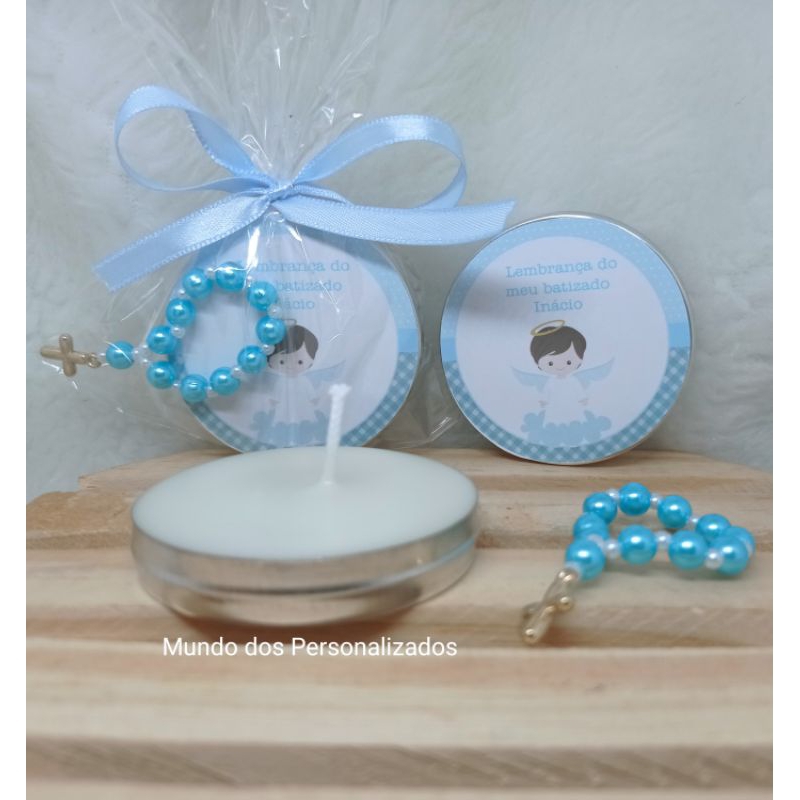10 Velas perfumadas e Mini terço azul lembrancinha de batizado/ batizado