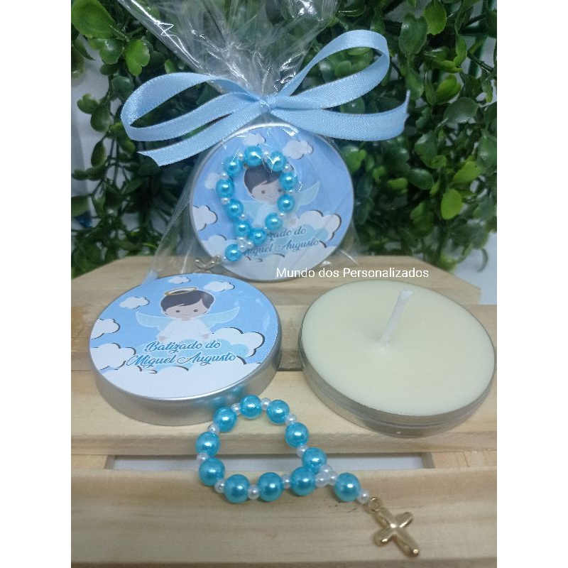10 Velas perfumadas personalizadas e Mini terço azul lembrancinha de batizado azul anjinho
