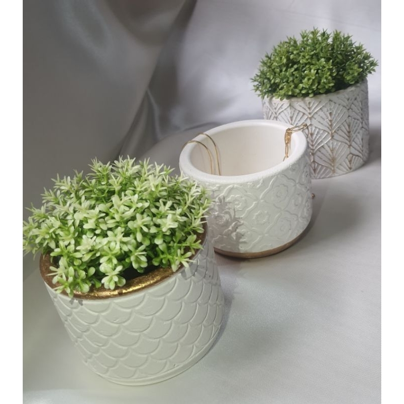 vaso cachepot decorativo em cimento branco e ouro velho para suculentas, cactos, jóias