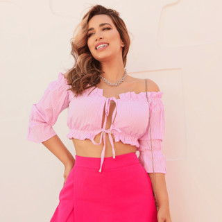 Cropped Feminino com Elástico Ombro a Ombro Manga Longa Amarração