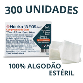 Compressa de Gaze Esteril Hérika Hidrófila 300 Unidades de Gaze Esteril 13 Fios -7,5x7,5cm - 15x26cm (30 Pacotes Hérika)
