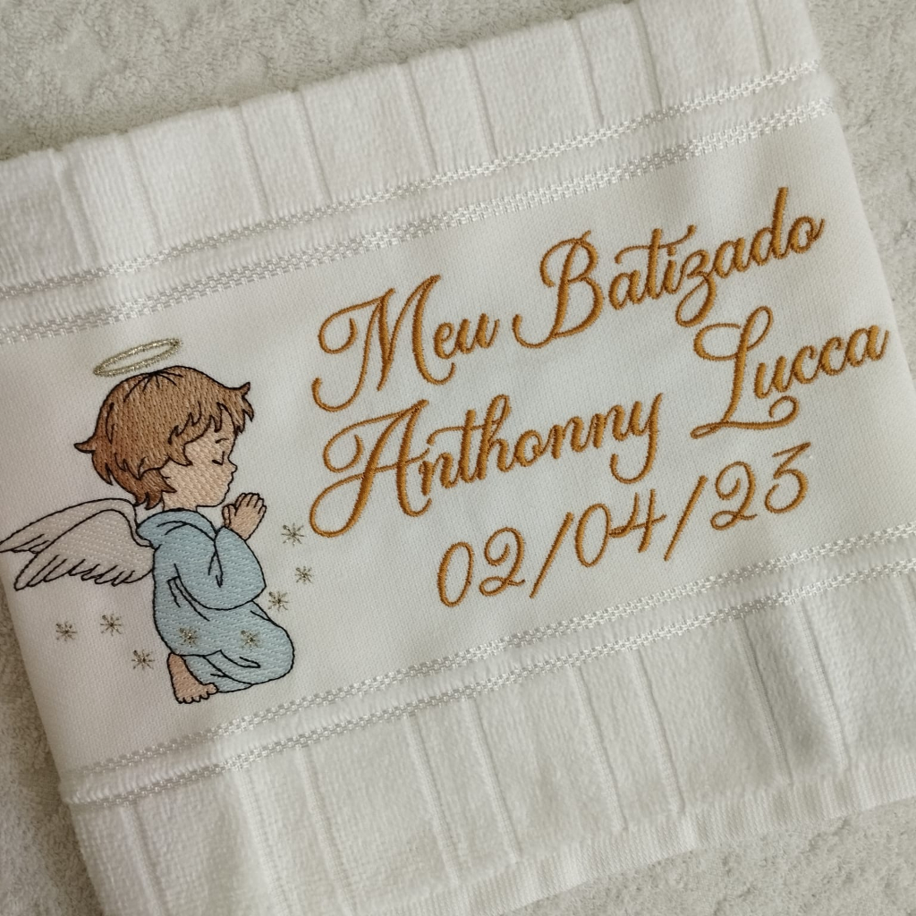 Toalha Toalhinha Infantil Branca Bordada Com Anjinho Para Batismo Batizado Personalizada Com Nome