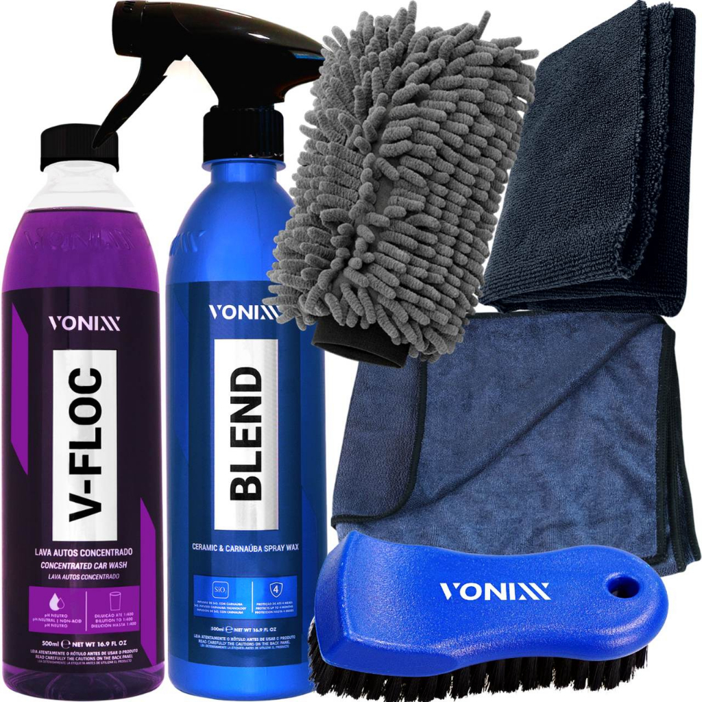 Kit Lavagem Automotiva Shampoo Neutro V-Floc Cera Blend Spray Escova Media Vonixx Pano Luva de Microfibra Toalha