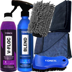 Kit Lavagem Automotiva Shampoo Neutro V-Floc Cera Blend Spray Escova Media Vonixx Pano Luva de Microfibra Toalha