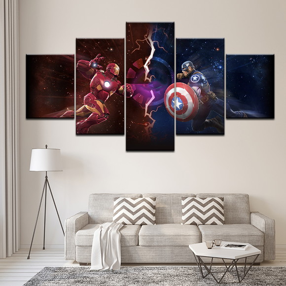 Kit Quadros Decorativo Mosaico 5 peças Sala Quarto Mdf Alta Resolução Full HD Capitao America guerra civil