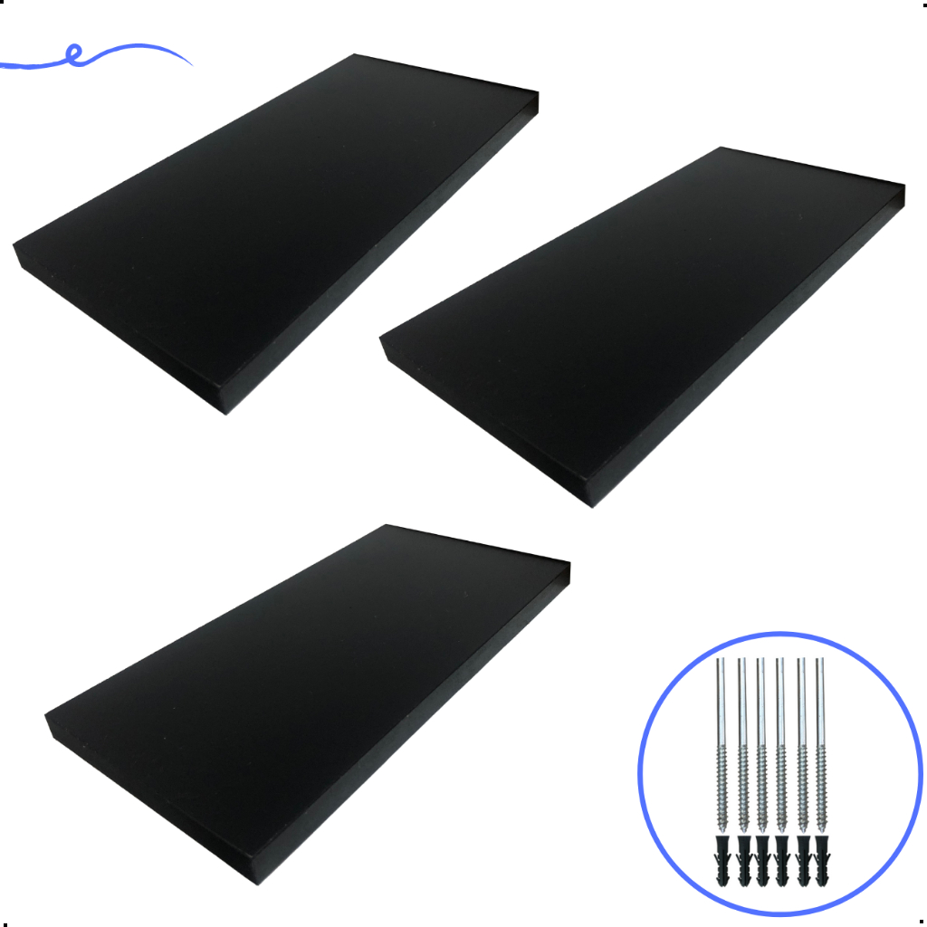 Kit 3 Prateleira Preta 30X15 + Suporte Flutuante Mdf Organizadora Decoração Cozinha Banheiro Sala
