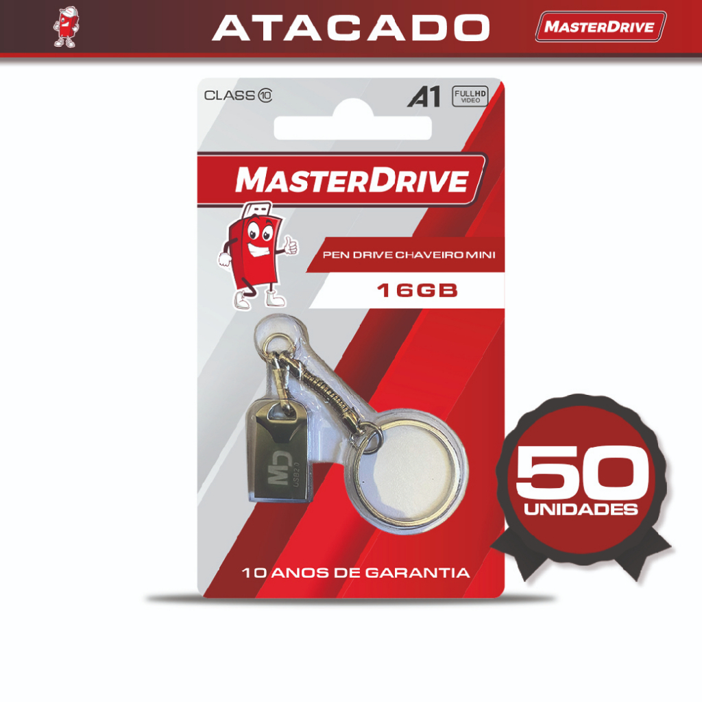 Kit 50 Mini Pendrive 16GB MasterDrive PREMIUM Original Chaveiro Nano Fit Flash