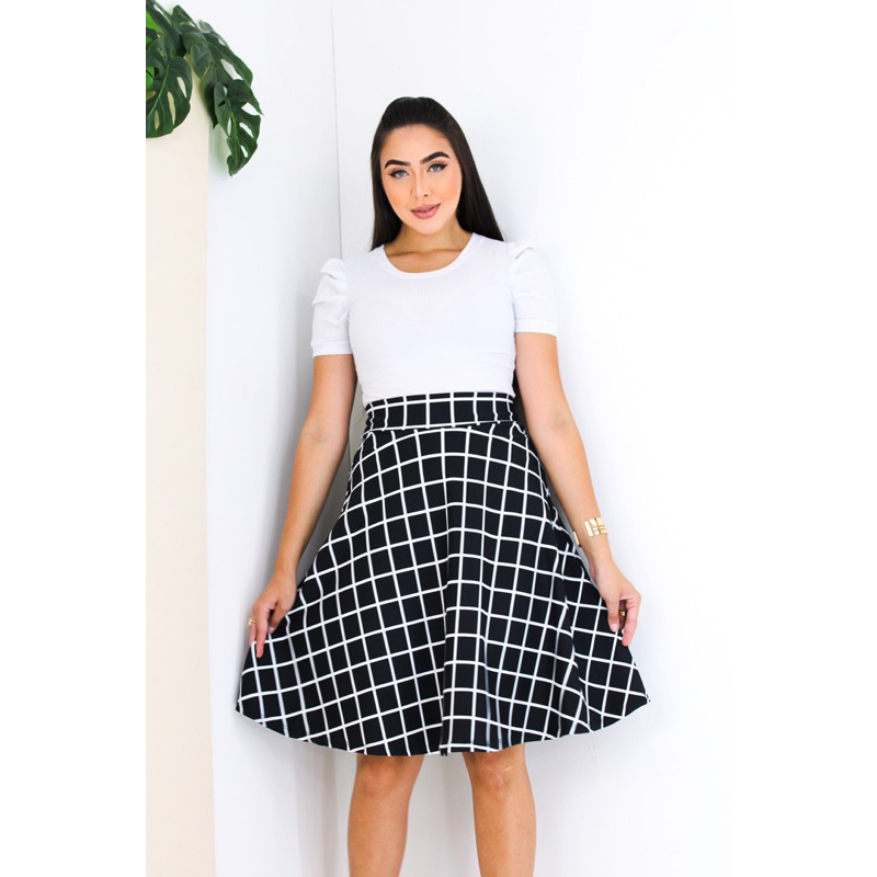 kit Saia Gode Xadrez e Blusa Manga Bufante Princesa Malha Canelada Moda Evangélica
