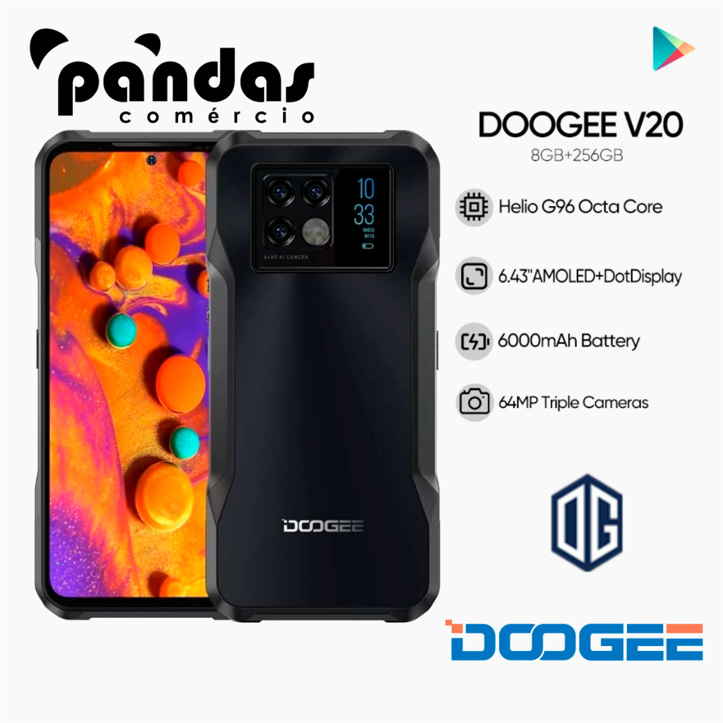 Smartphone Doogee V20 5G Telefone Desbloqueado Tela Dupla Memória 8GB + 256GB Câmera Visão Noturna 64MP + 20MP Robusto Indestrutível Bateria 6000 mah Carregamento Rápido Dual SIM 6.43" ip68 Impermeável NFC