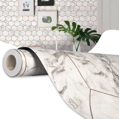 Papel De Parede Para Banheiro Cozinha 3d Adesivo Mármore Hexágono Geométrico Colmeia Gold