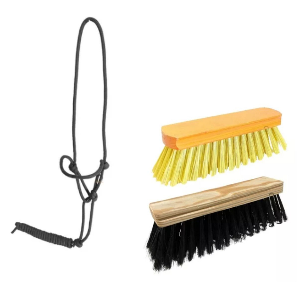 Kit 2 Escovas Para Cavalo Limpeza e Brilho Escovão + Cabresto De 4 Nós Quatro No Para Cavalo