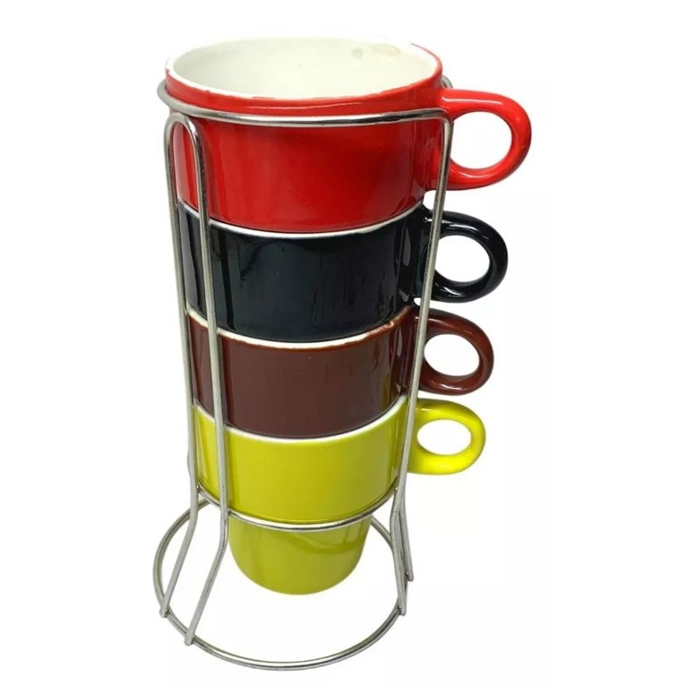 Kit 4 Xicaras Chá Café Coloridas Com Suporte Aço Inox 210ml Clink Elegante Presentes Utilidade De Cozinha Decoração