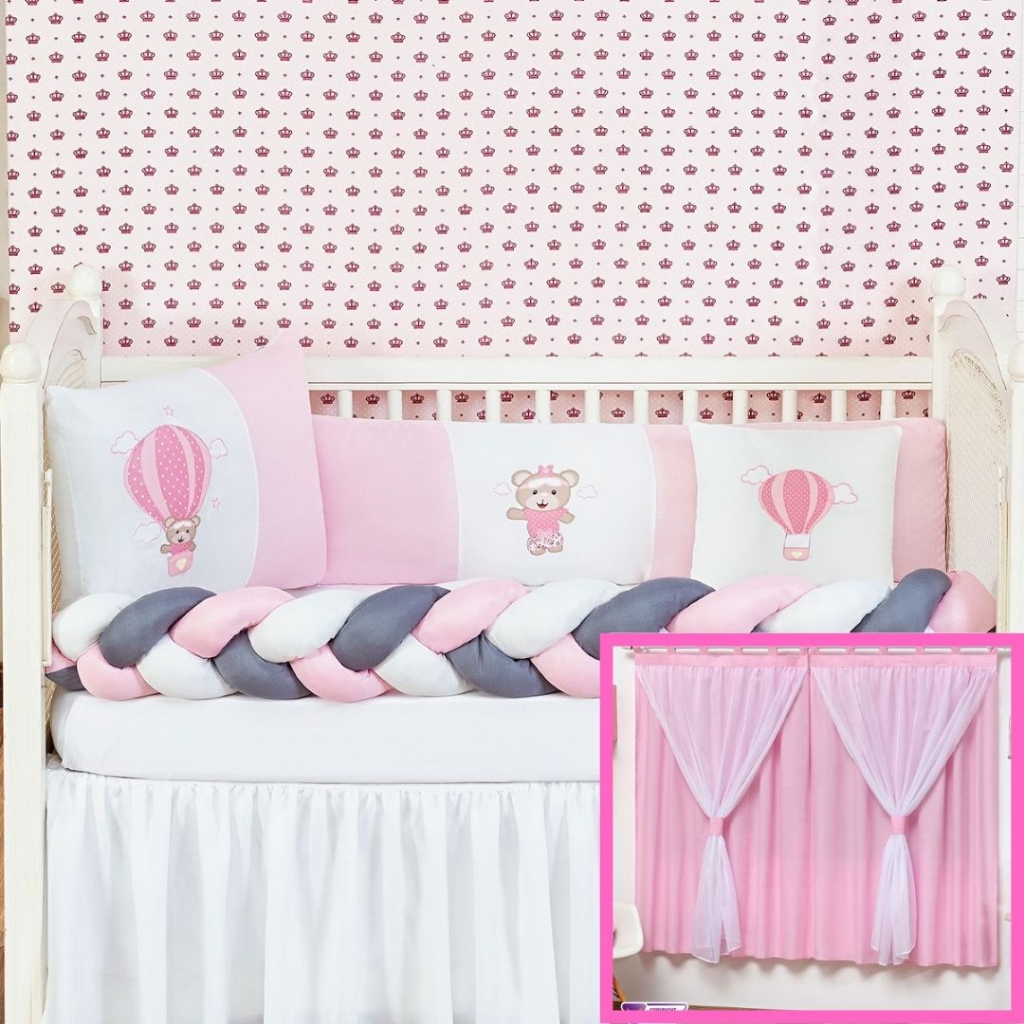 Kit Berço Trança Safari Urso Balão Rosa Berço Padrão e Americano