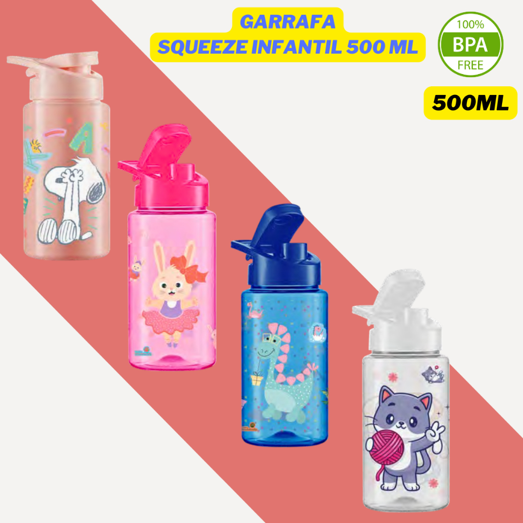 Garrafinha Infantil Criança Escola Linda 500 ml Bpa Free Dinossauro,Coelho,Gatinho,Panda e Snoopy