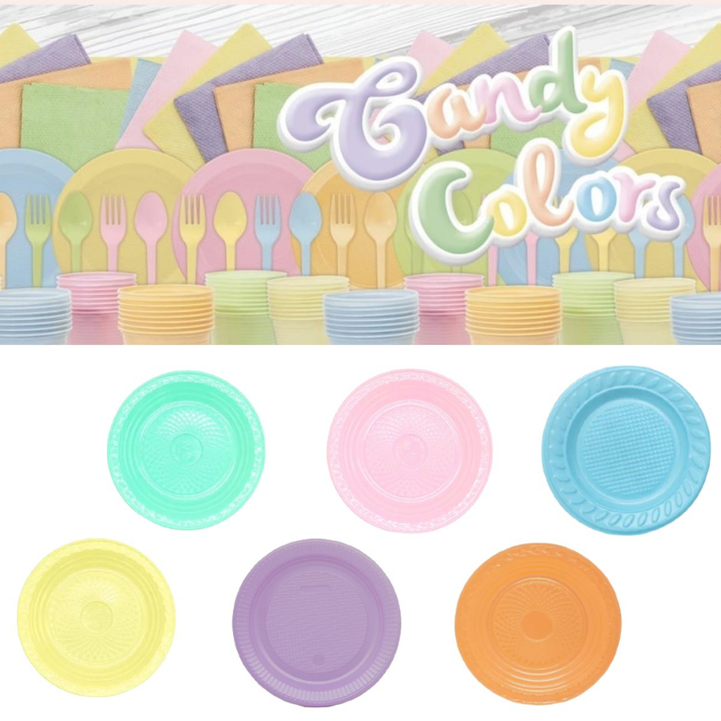 50 Unid Pratinho Prato Descartavel Plastico Candy Colors em Oferta na Shopee