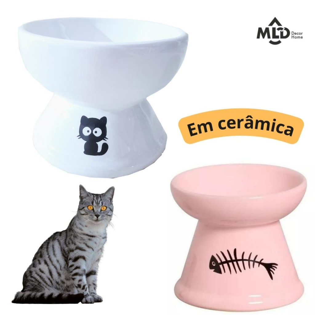 kit 2 Comedouro Gato Luxo Bebedouro Cerâmica Elevado Ergonômico Função Cães Pratico Pet Orgânico