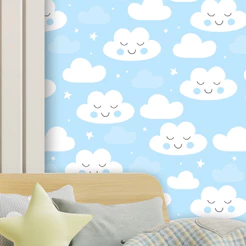 Papel De Parede Auto Colante Nuvem Azul Infantil Quarto