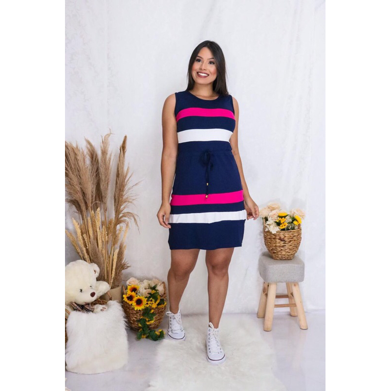 Vestido Feminino Básico Listrado Casual Midi Adulto Manga Regata
