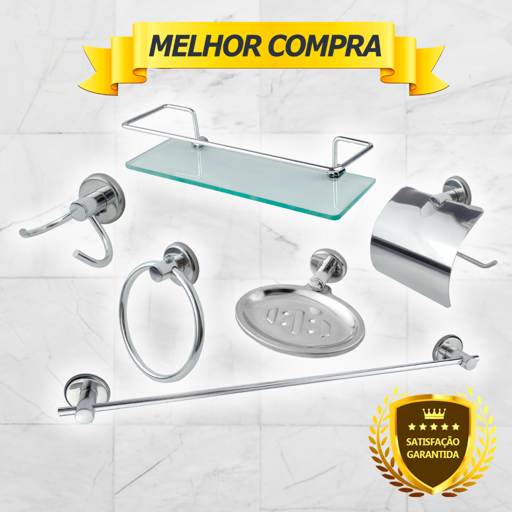 Kit Acessórios Para Banheiro Aço Inox 6 Peças Com Porta Shampoo Vidro Retangular Cdg. 4610