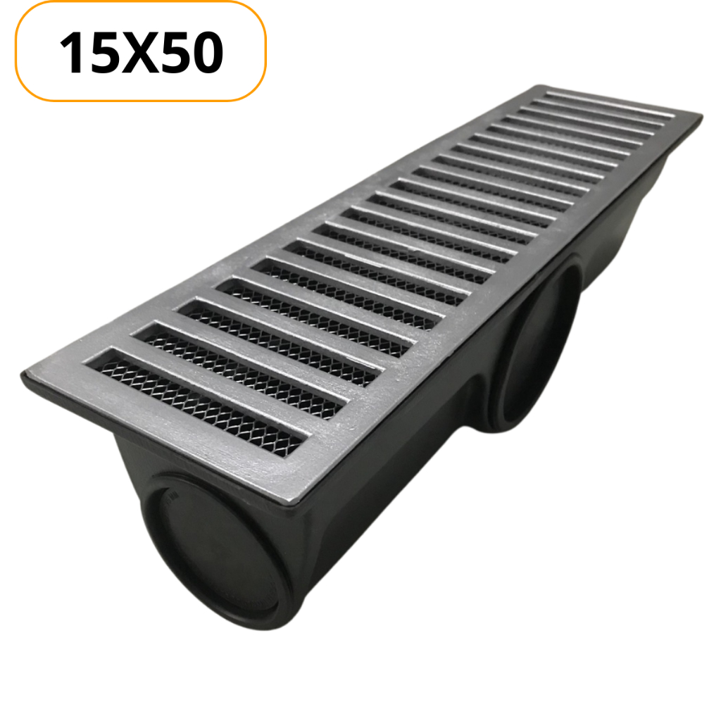 Ralo Linear Continuo Grelha Alumínio Coletor Plástico para Agua Pluvial 15x50 cm Com Caixa Coletora 3 Saídas Com Tela Anti-inseto (15x50cm)