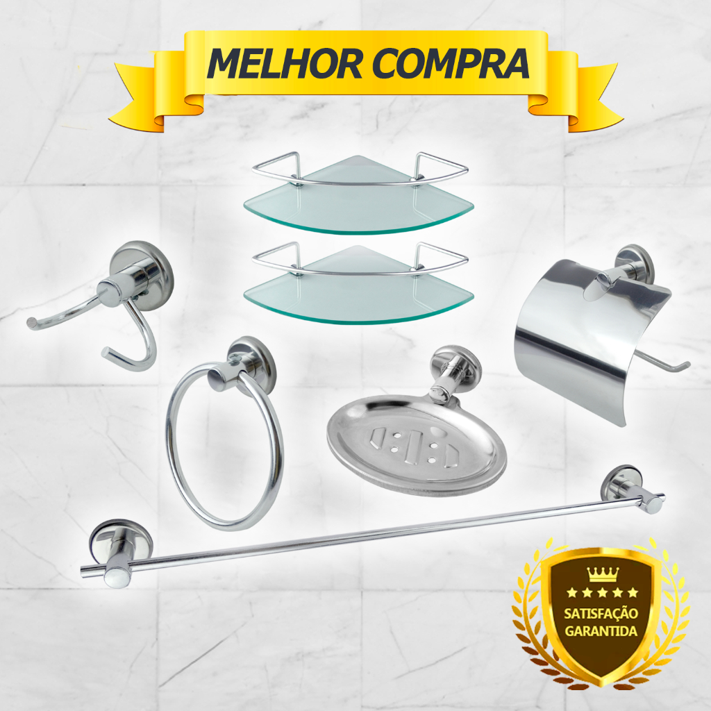 KIT ACESSÒRIOS BANHEIRO LUXO CROMADO 7 PEÇAS +2 PORTA SHAMPOO CANTO CROMADO Cód. 5760
