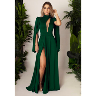 Vestido Longo Com Fenda, Assimétrico, Manga Capa OX021