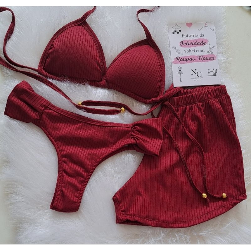 biquíni Bombom Com Short feminino calcinha bombom malha canelada